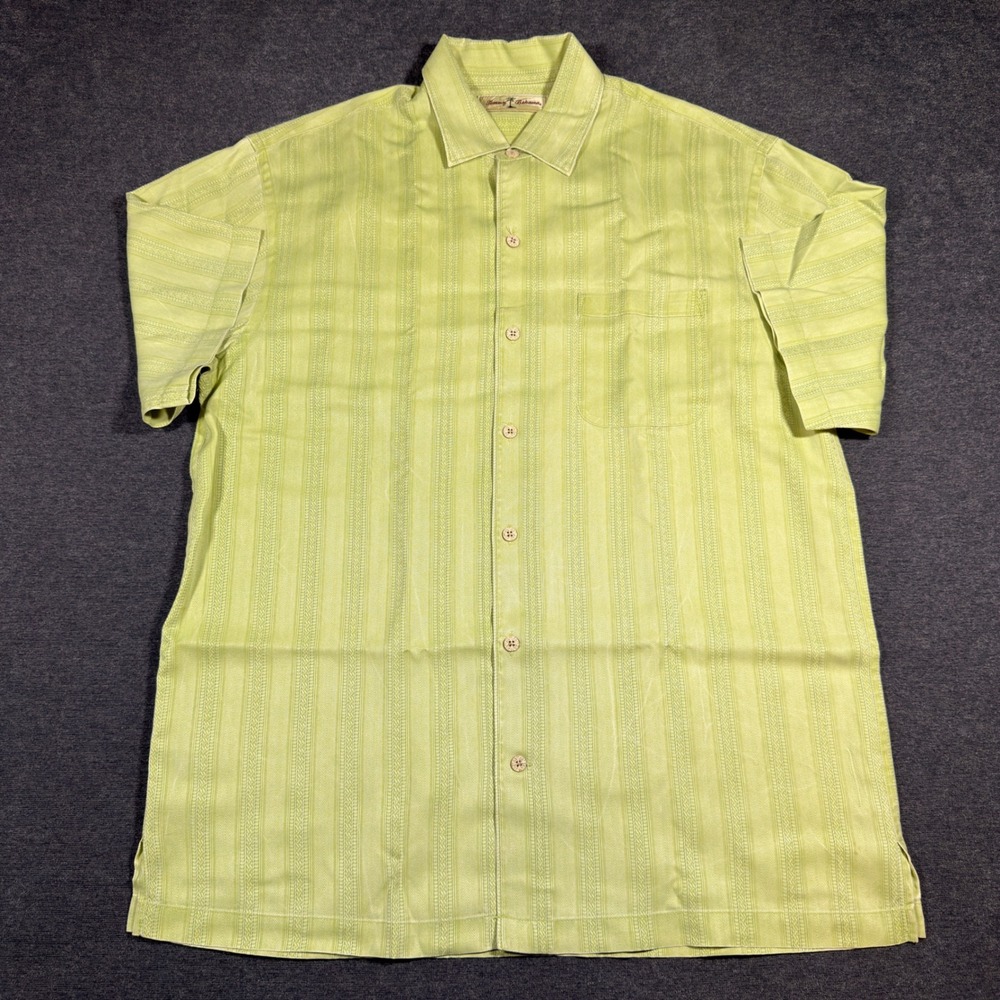 Tommy Bahama Button Up Shirt Mens Medium Green 100% Silk Striped Short Sleeve